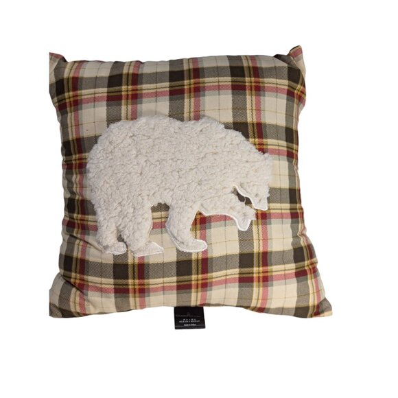 Cuddl Duds Plaid Pillow With Fuzzy Bear Applique 16" x 16" Cozy Cabin Decor - Picture 1 of 3